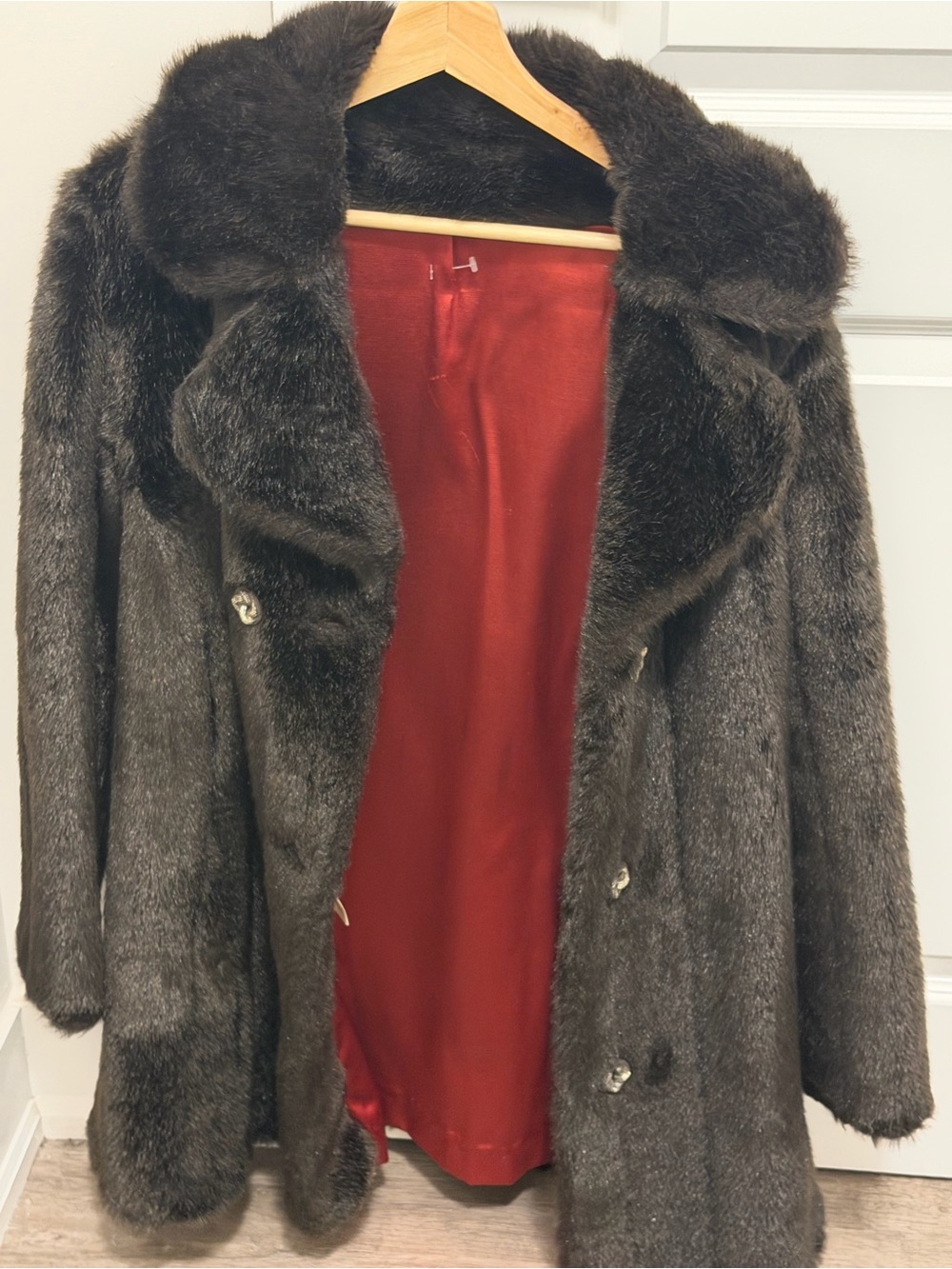 Classic Women's Brown Faux Fur Coat with Red Satin Lining